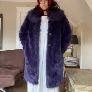 Deep purple blanc noir faux fur coat in a size L. Beautiful sky satin lining